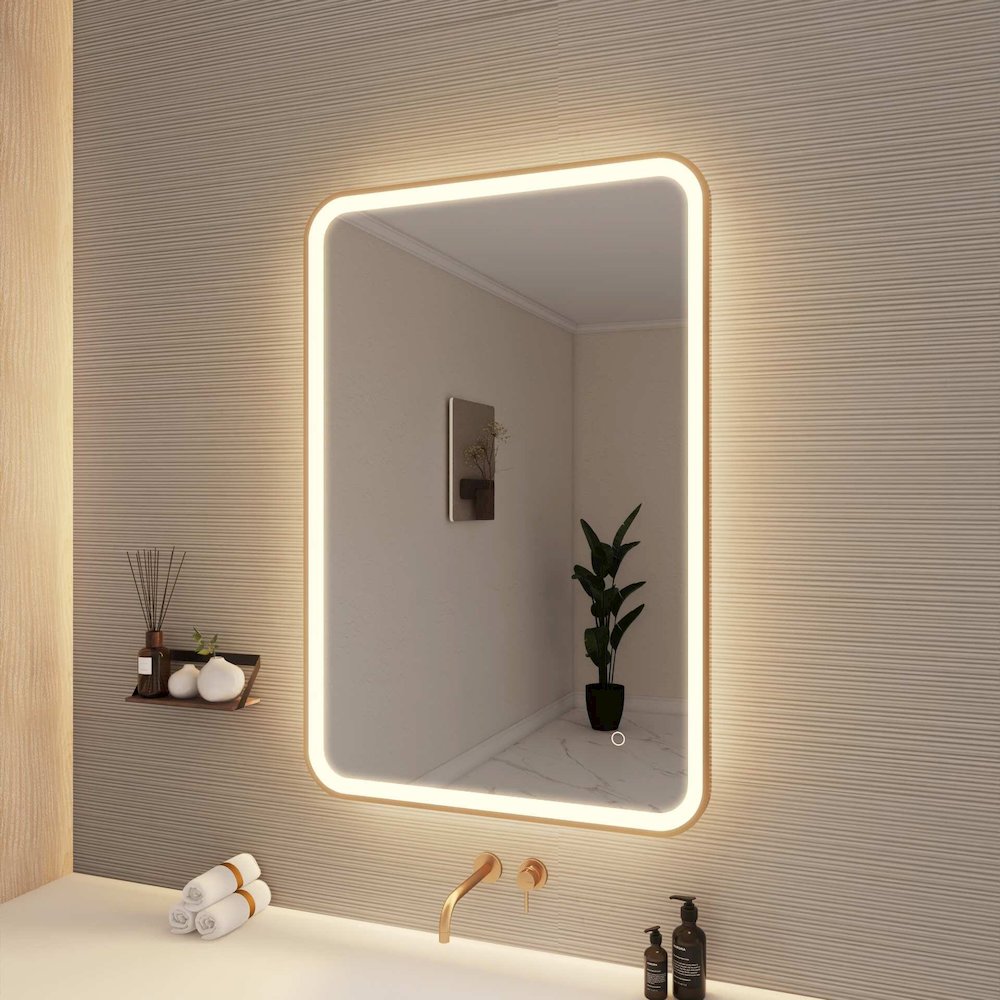 40 Inch Rectangle LED Front and Backlit Wall Mirror in Satin Gold. Picture 4