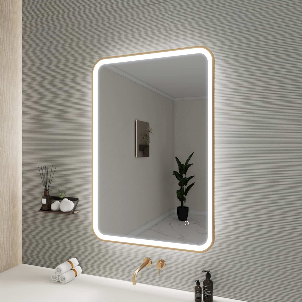 40 Inch Rectangle LED Front and Backlit Wall Mirror in Satin Gold. Picture 5