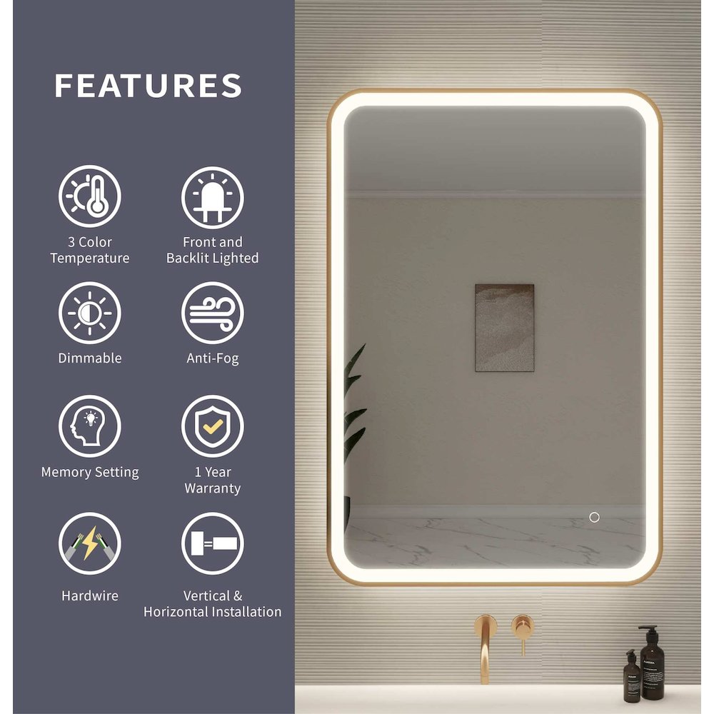 40 Inch Rectangle LED Front and Backlit Wall Mirror in Satin Gold. Picture 9