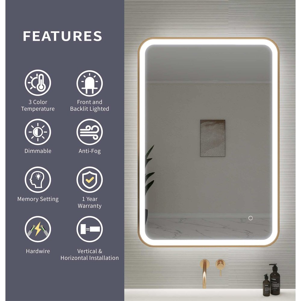 40 Inch Rectangle LED Front and Backlit Wall Mirror in Satin Gold. Picture 10