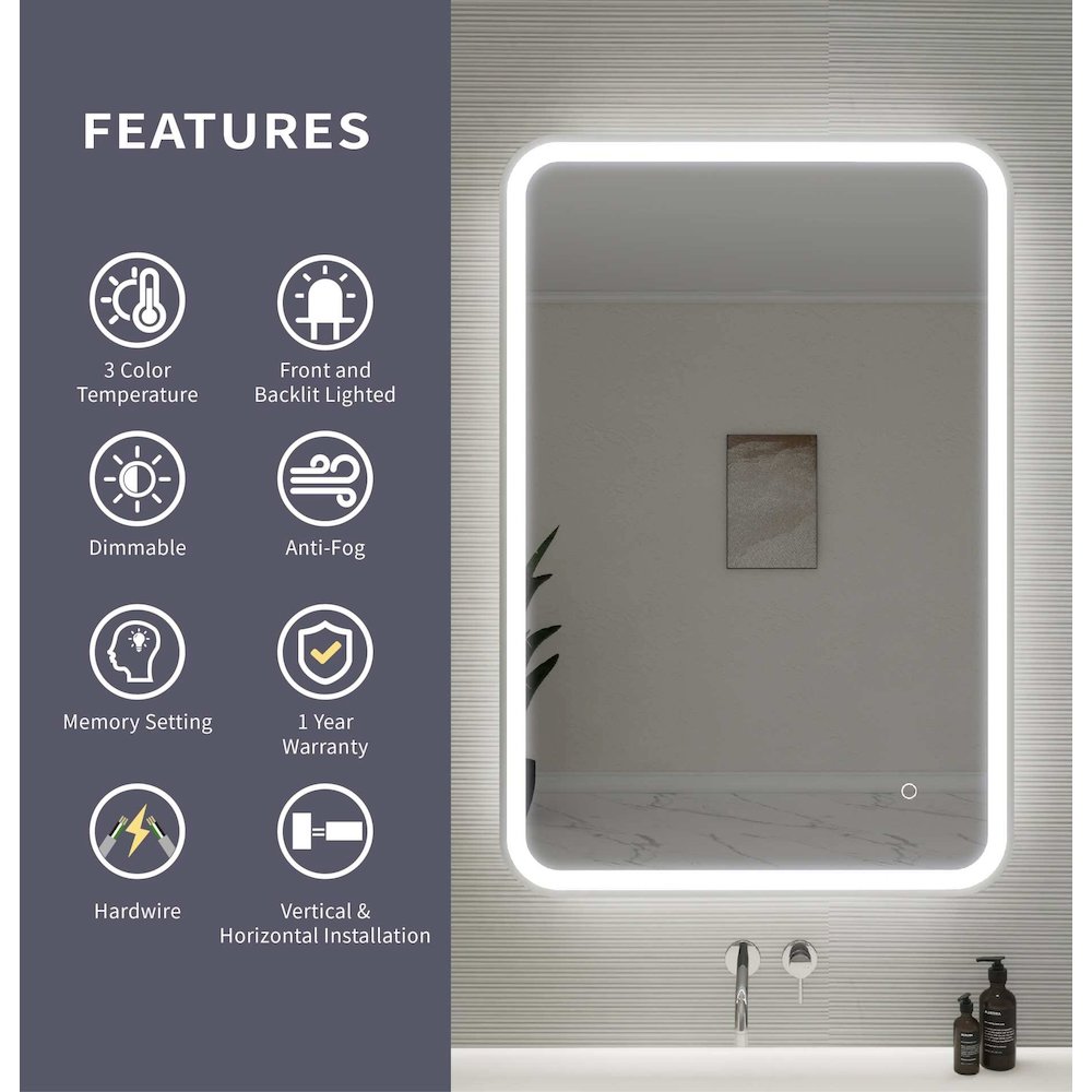 40 Inch Rectangle LED Front and Backlit Wall Mirror in Silver. Picture 11