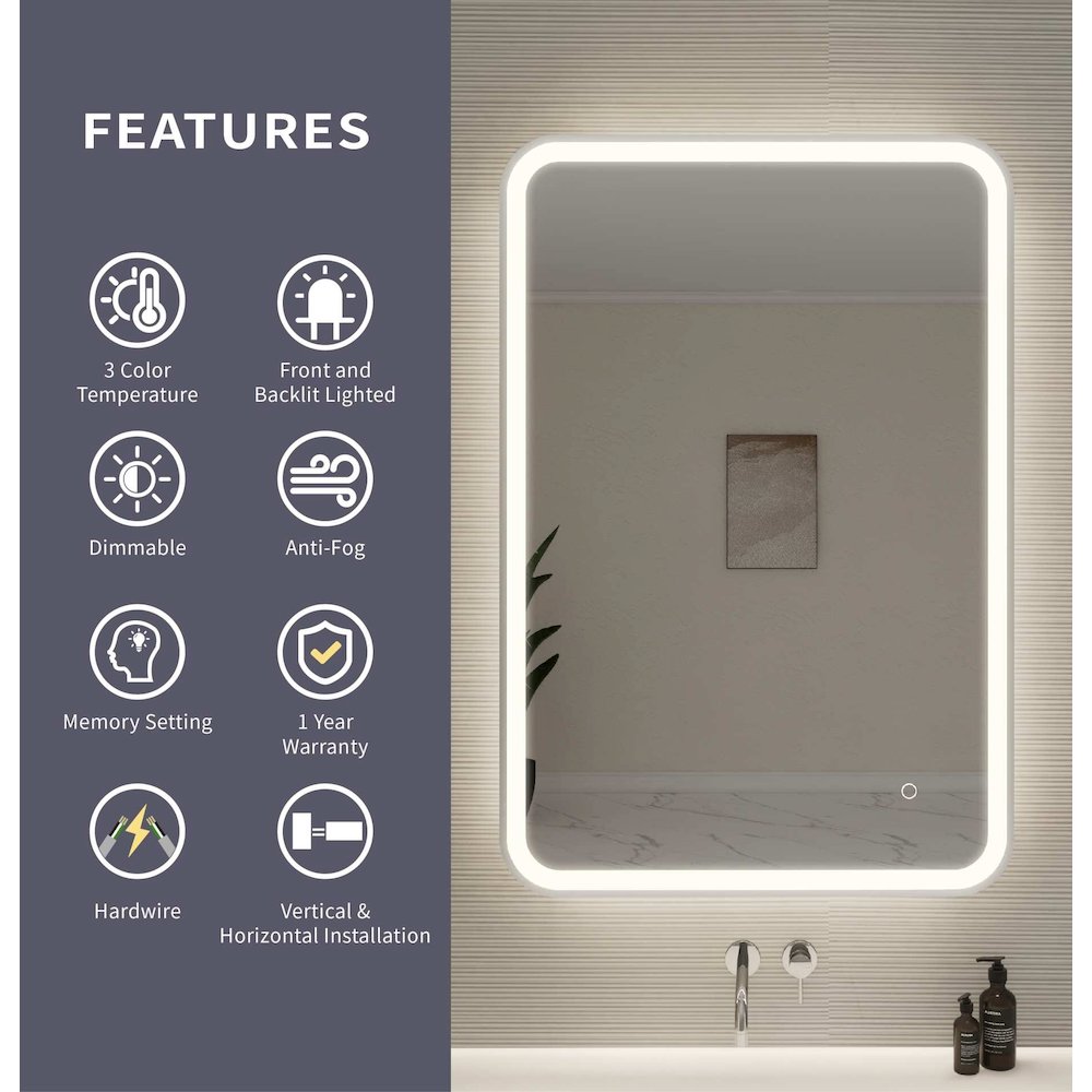 40 Inch Rectangle LED Front and Backlit Wall Mirror in Silver. Picture 10