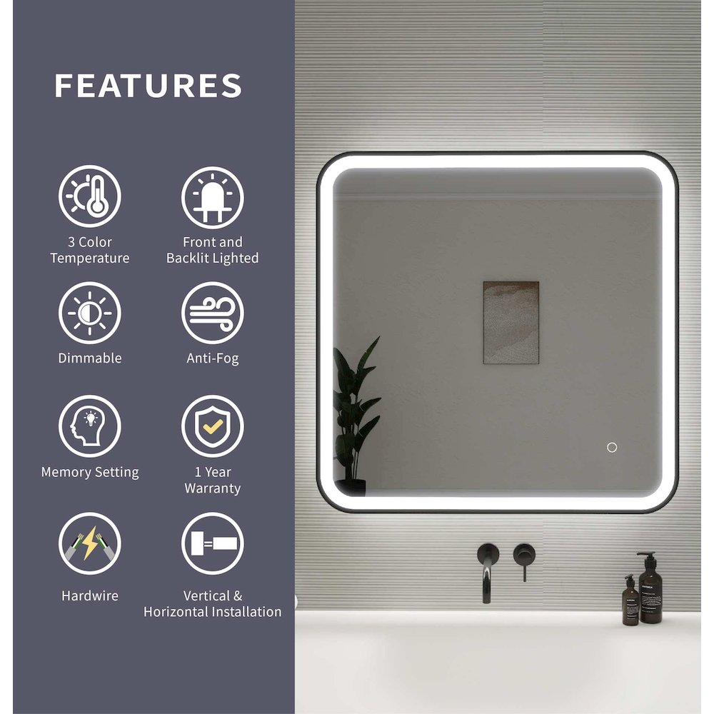 30 Inch Rectangle LED Front and Backlit Wall Mirror in Black. Picture 11