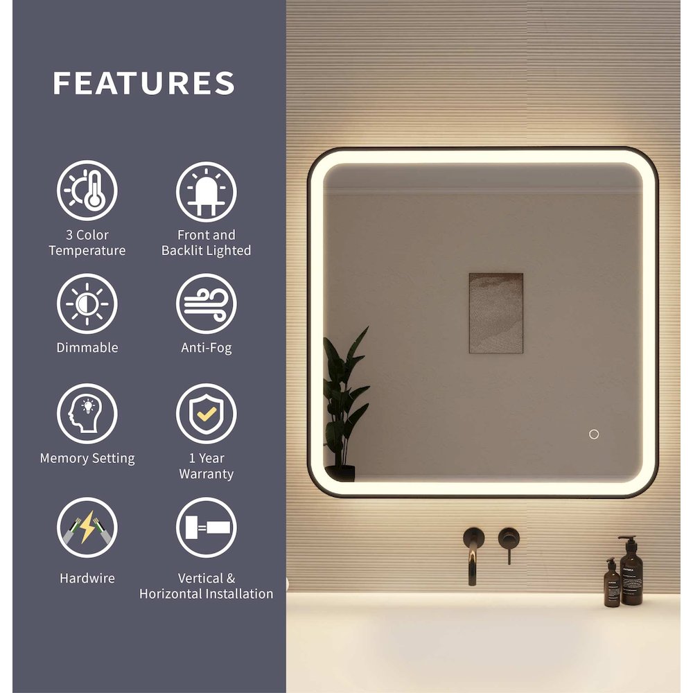 30 Inch Rectangle LED Front and Backlit Wall Mirror in Black. Picture 9