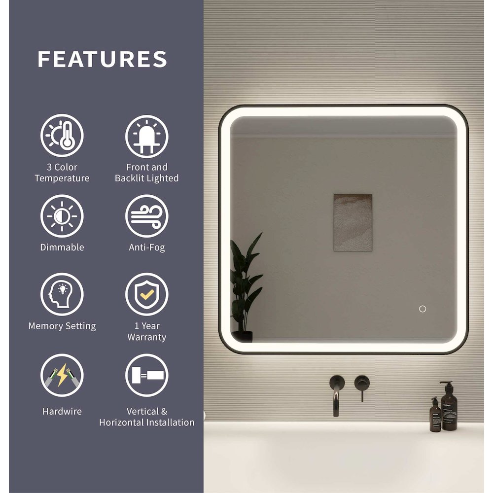30 Inch Rectangle LED Front and Backlit Wall Mirror in Black. Picture 10