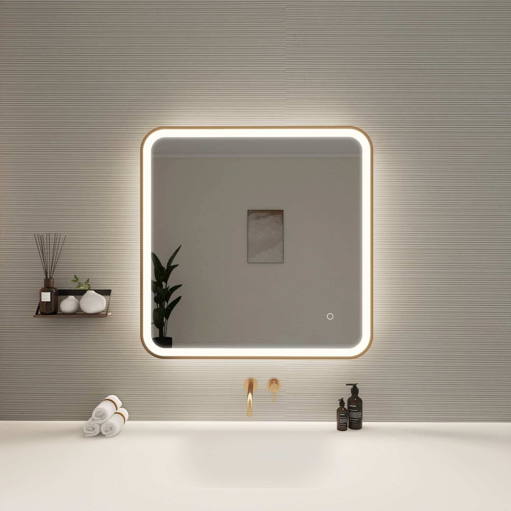 30 Inch Rectangle LED Front and Backlit Wall Mirror in Satin Gold. Picture 2