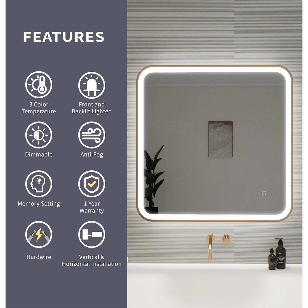 30 Inch Rectangle LED Front and Backlit Wall Mirror in Satin Gold. Picture 11