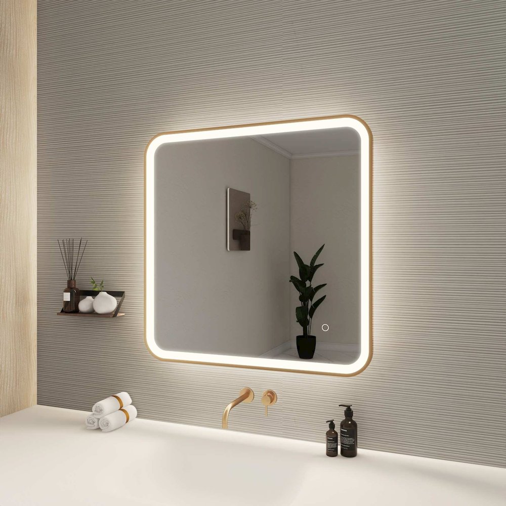 30 Inch Rectangle LED Front and Backlit Wall Mirror in Satin Gold. Picture 3