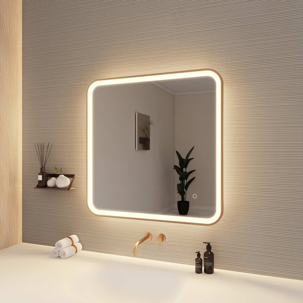 30 Inch Rectangle LED Front and Backlit Wall Mirror in Satin Gold. Picture 4