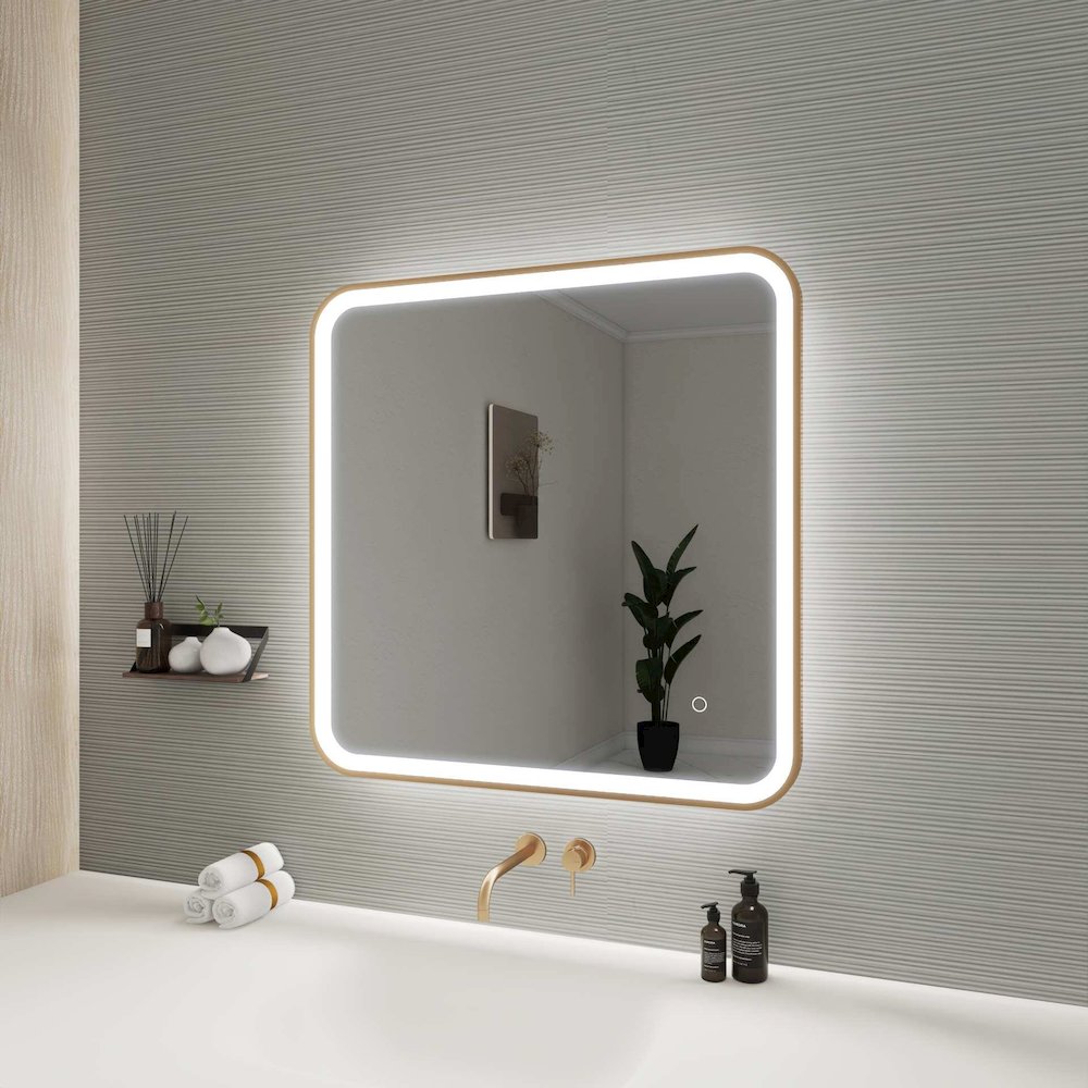 30 Inch Rectangle LED Front and Backlit Wall Mirror in Satin Gold. Picture 5