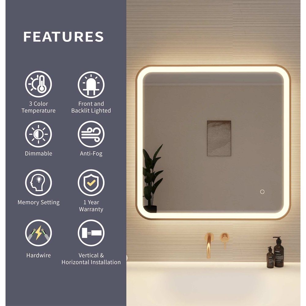 30 Inch Rectangle LED Front and Backlit Wall Mirror in Satin Gold. Picture 9