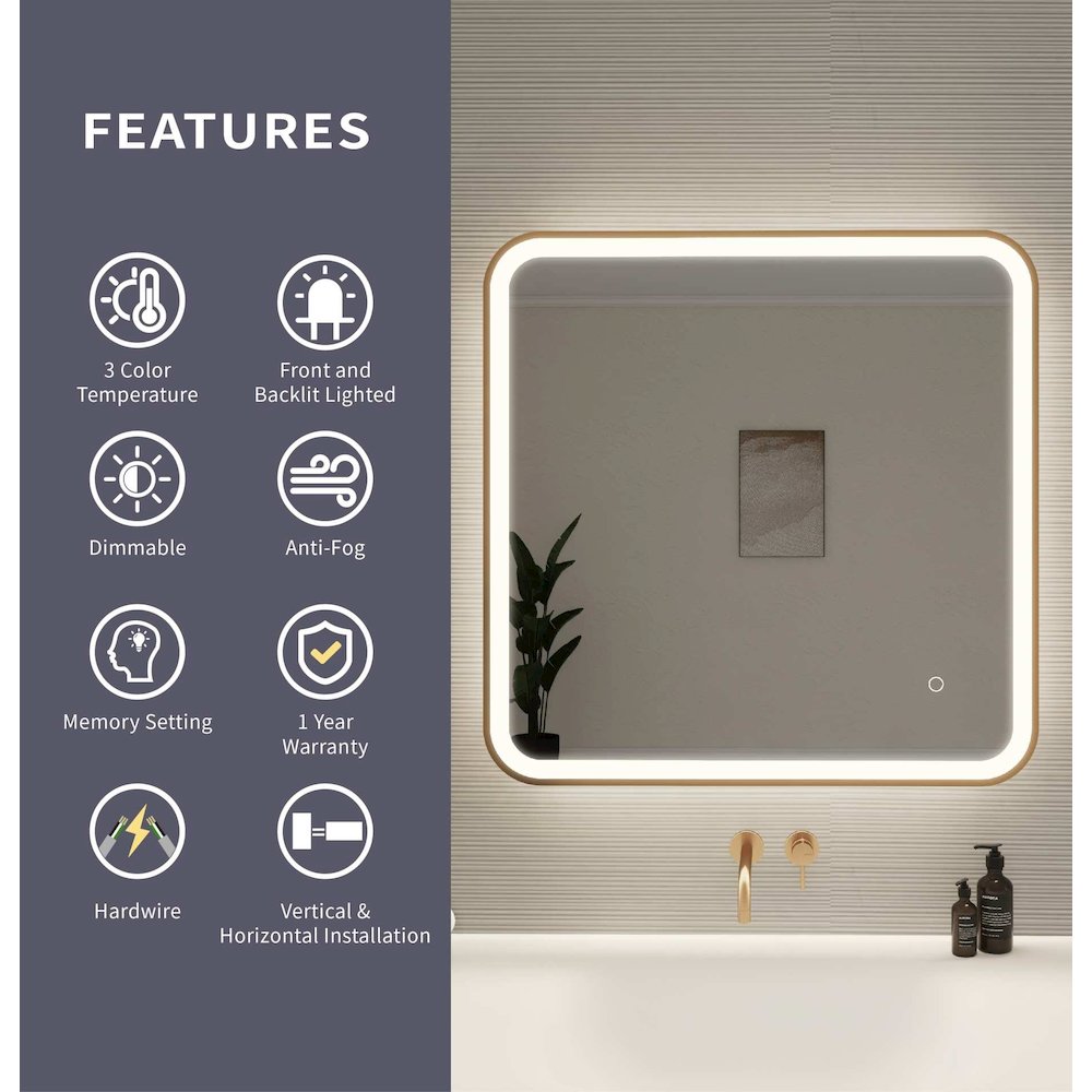 30 Inch Rectangle LED Front and Backlit Wall Mirror in Satin Gold. Picture 10
