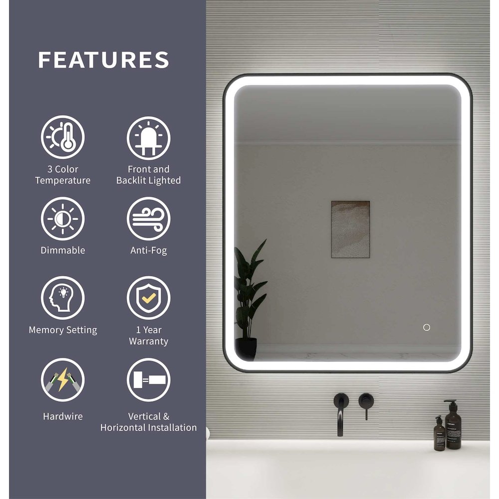 36 Inch Rectangle LED Front and Backlit Wall Mirror in Black. Picture 11