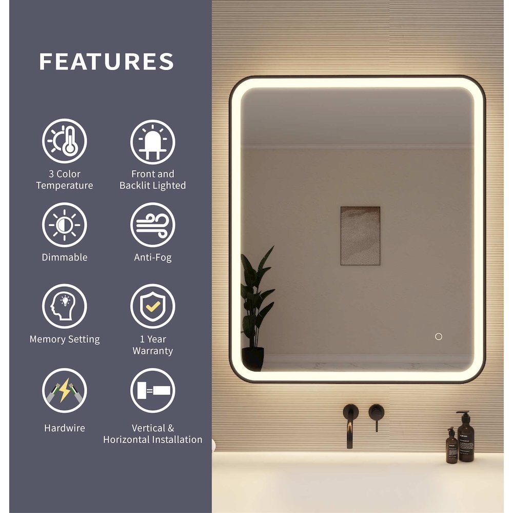 36 Inch Rectangle LED Front and Backlit Wall Mirror in Black. Picture 9