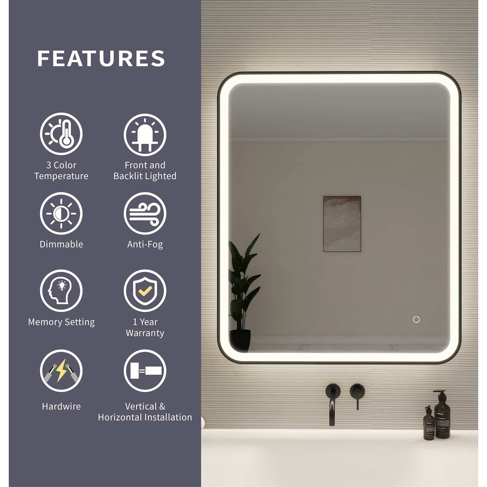 36 Inch Rectangle LED Front and Backlit Wall Mirror in Black. Picture 10