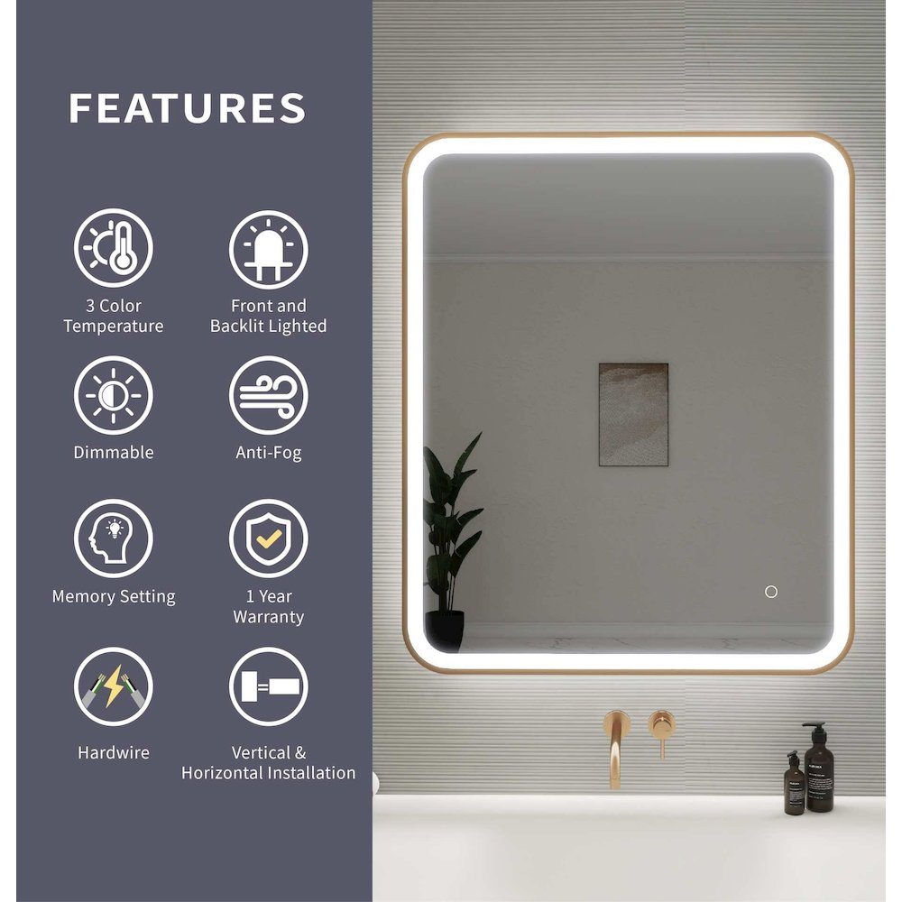 36 Inch Rectangle LED Front and Backlit Wall Mirror in Satin Gold. Picture 11