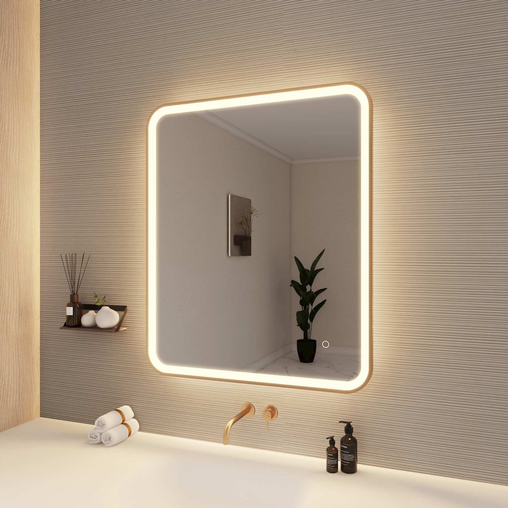 36 Inch Rectangle LED Front and Backlit Wall Mirror in Satin Gold. Picture 4