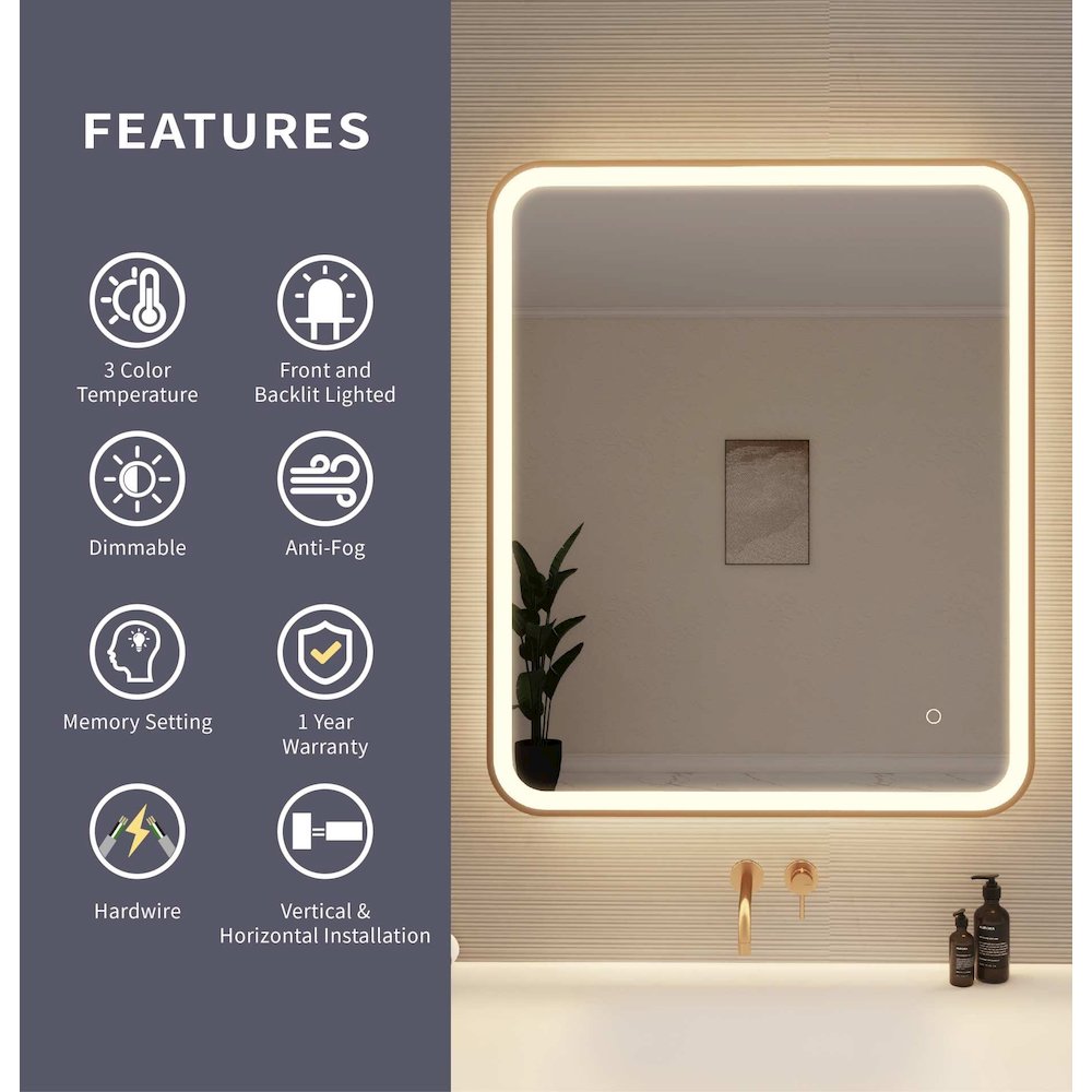 36 Inch Rectangle LED Front and Backlit Wall Mirror in Satin Gold. Picture 9
