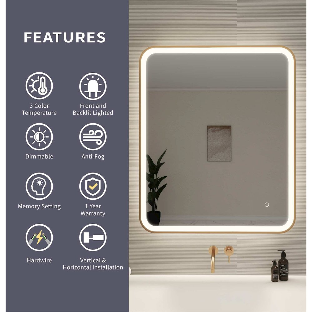 36 Inch Rectangle LED Front and Backlit Wall Mirror in Satin Gold. Picture 10