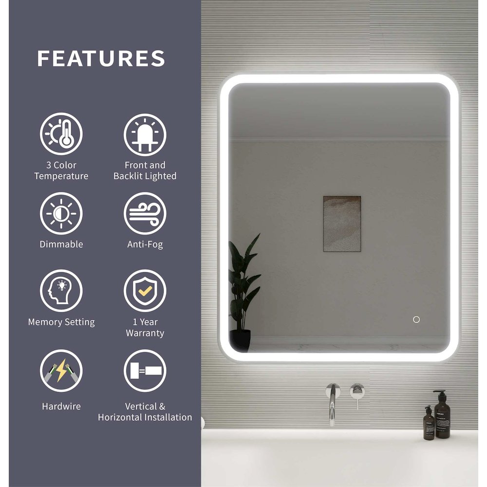 36 Inch Rectangle LED Front and Backlit Wall Mirror in Silver. Picture 11