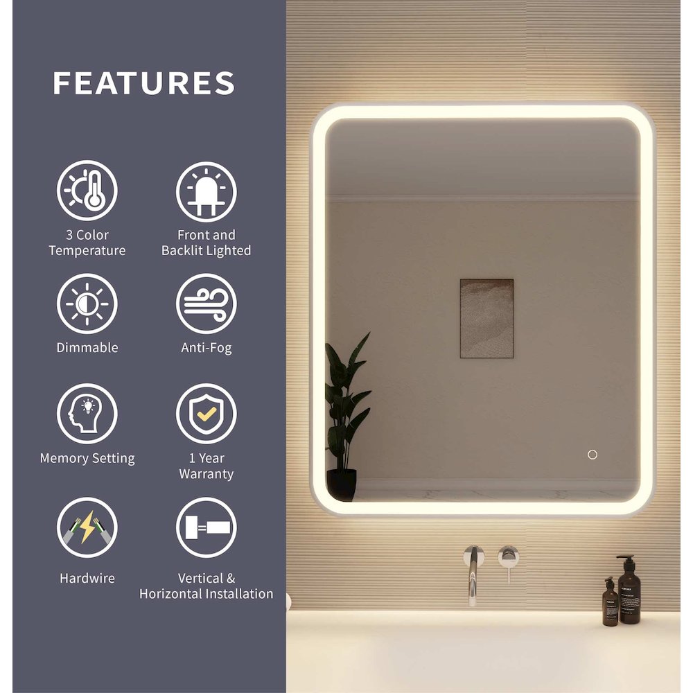 36 Inch Rectangle LED Front and Backlit Wall Mirror in Silver. Picture 9