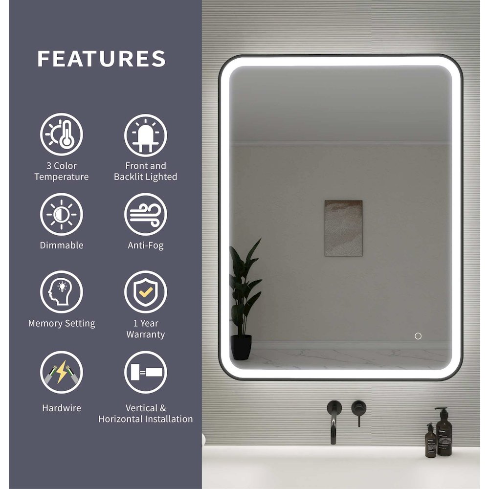 40 Inch Rectangle LED Front and Backlit Wall Mirror in Black. Picture 11