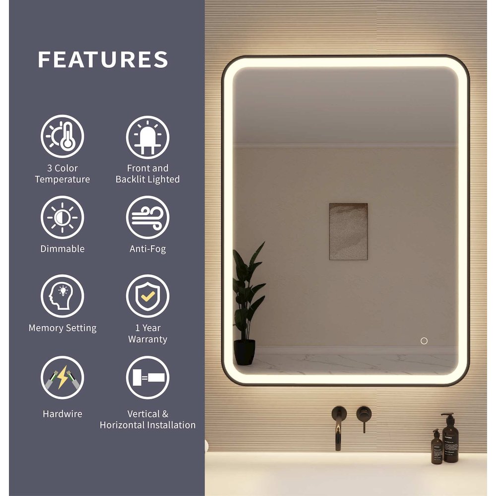 40 Inch Rectangle LED Front and Backlit Wall Mirror in Black. Picture 9
