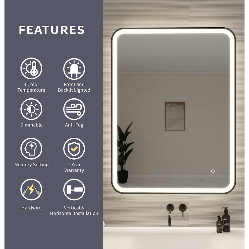 40 Inch Rectangle LED Front and Backlit Wall Mirror in Black. Picture 10