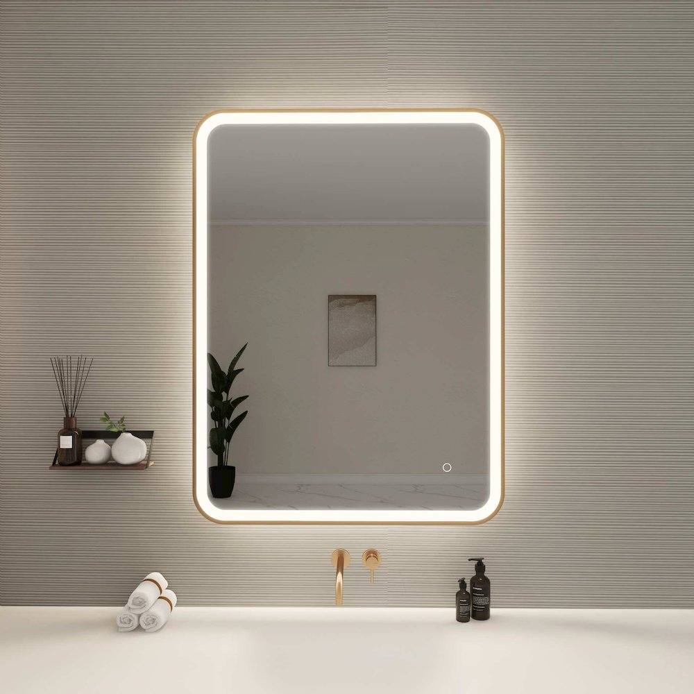 40 Inch Rectangle LED Front and Backlit Wall Mirror in Satin Gold. Picture 2