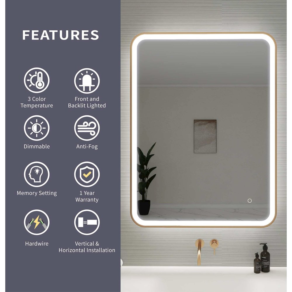 40 Inch Rectangle LED Front and Backlit Wall Mirror in Satin Gold. Picture 11