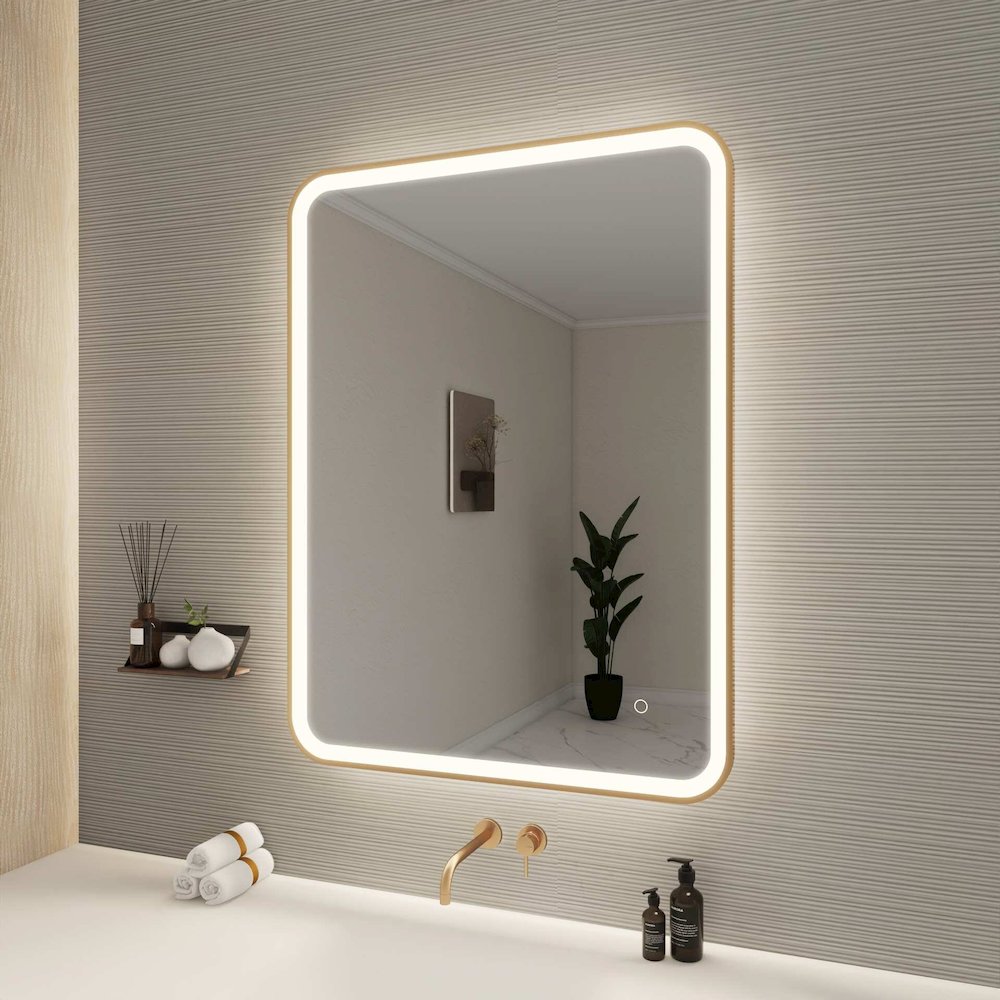 40 Inch Rectangle LED Front and Backlit Wall Mirror in Satin Gold. Picture 3
