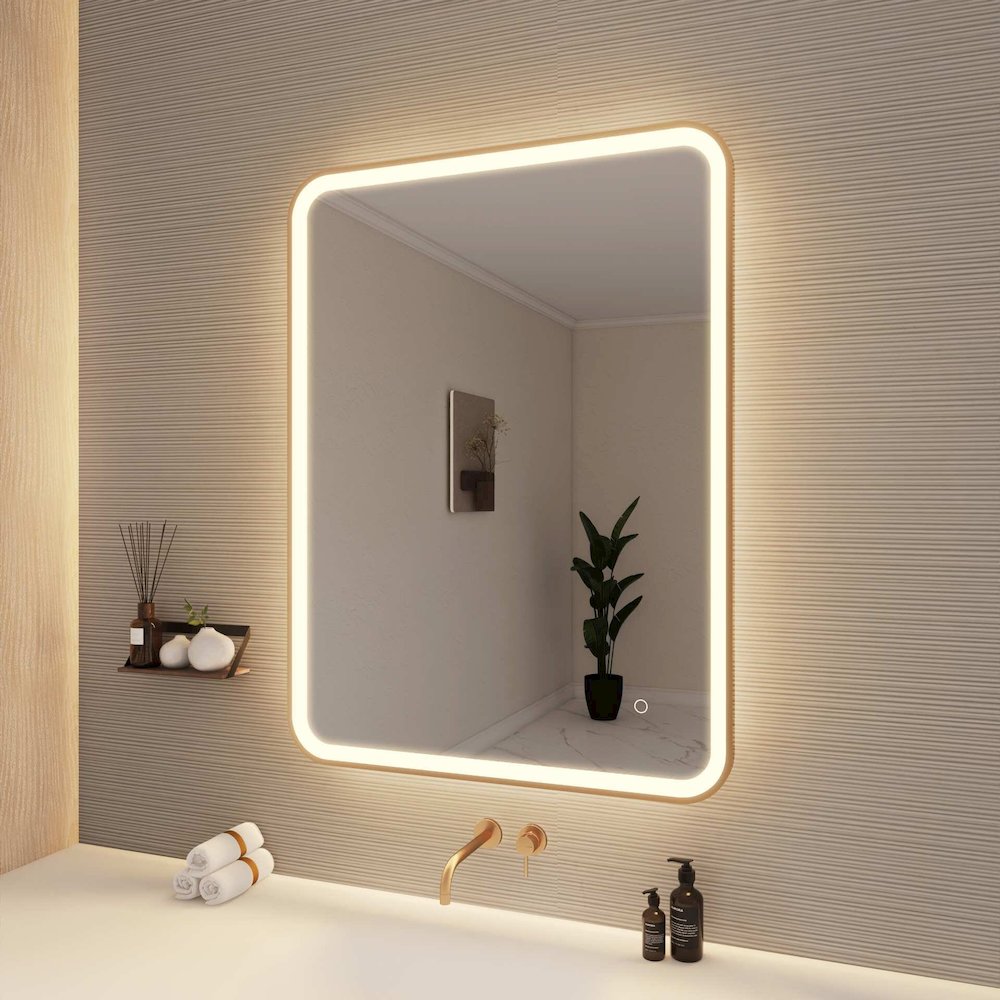 40 Inch Rectangle LED Front and Backlit Wall Mirror in Satin Gold. Picture 4