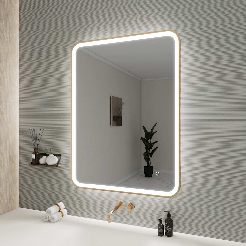 40 Inch Rectangle LED Front and Backlit Wall Mirror in Satin Gold. Picture 5