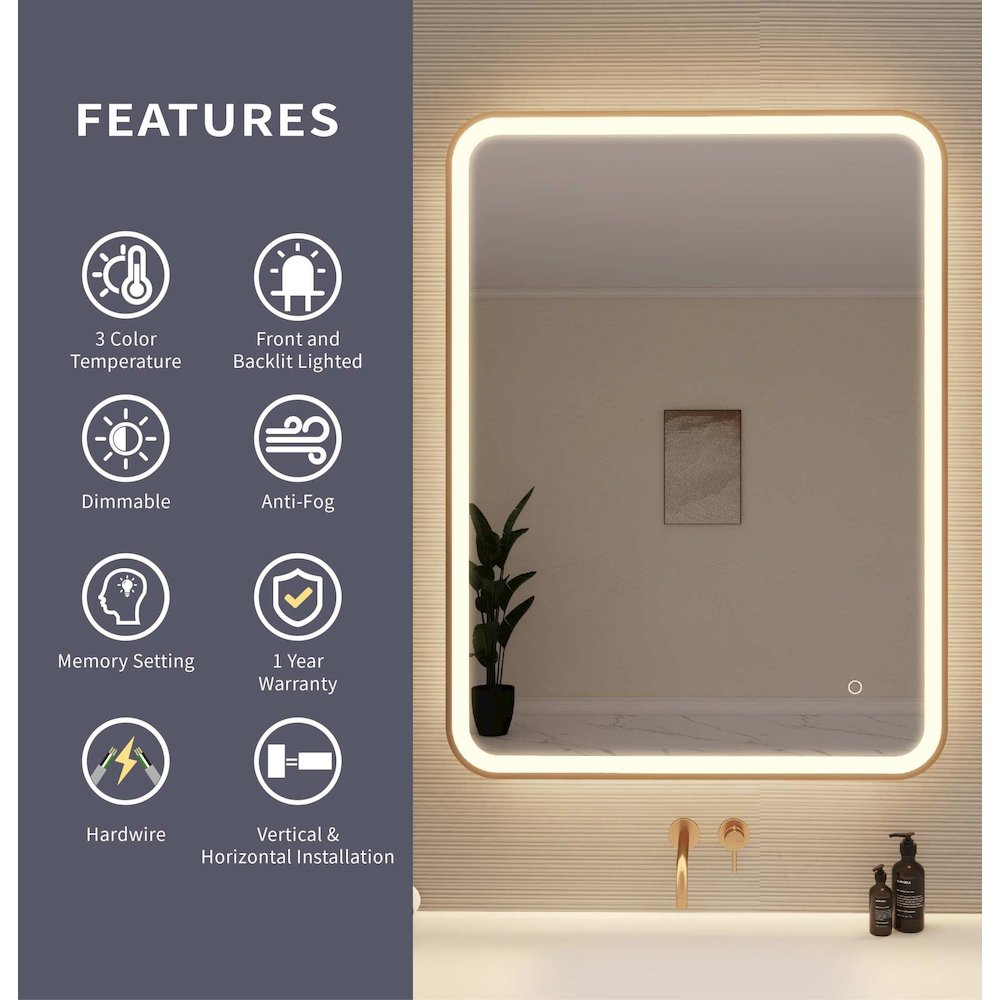 40 Inch Rectangle LED Front and Backlit Wall Mirror in Satin Gold. Picture 9