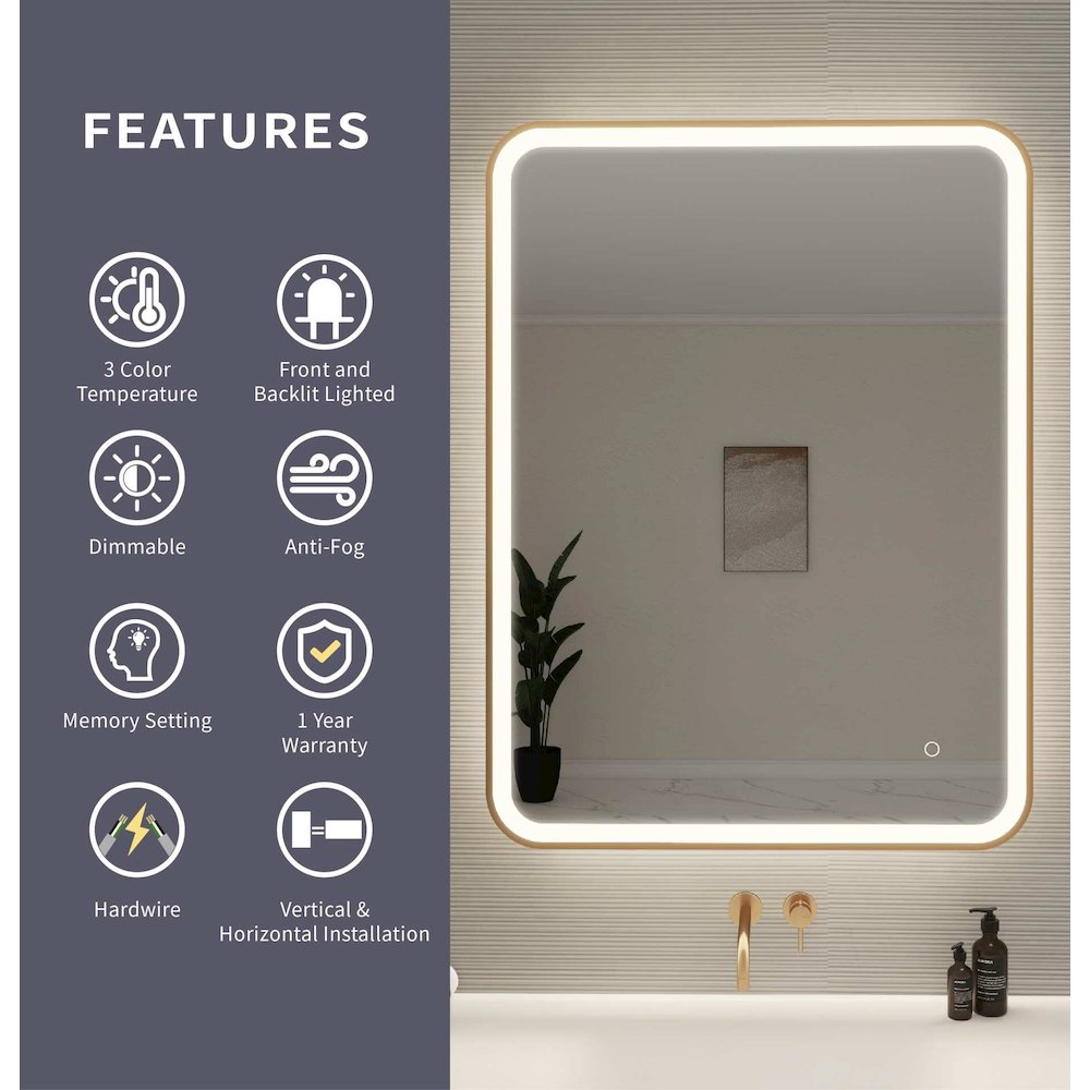 40 Inch Rectangle LED Front and Backlit Wall Mirror in Satin Gold. Picture 10