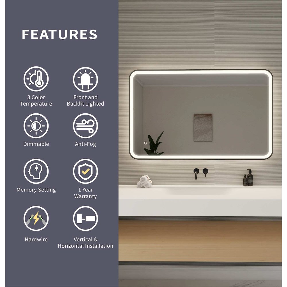 48 Inch Rectangle LED Front and Backlit Wall Mirror in Black. Picture 10