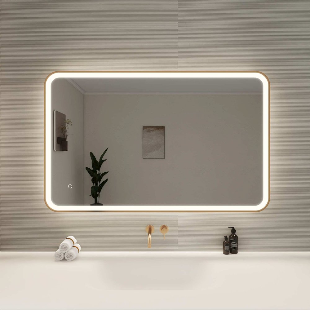 48 Inch Rectangle LED Front and Backlit Wall Mirror in Satin Gold. Picture 2