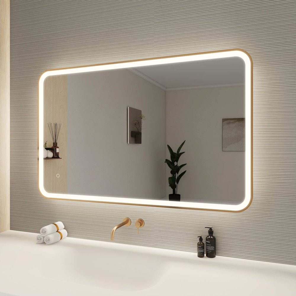 48 Inch Rectangle LED Front and Backlit Wall Mirror in Satin Gold. Picture 3