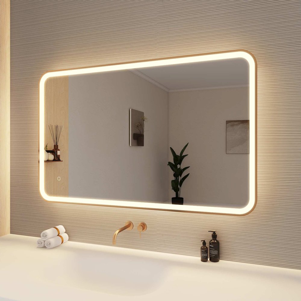 48 Inch Rectangle LED Front and Backlit Wall Mirror in Satin Gold. Picture 4