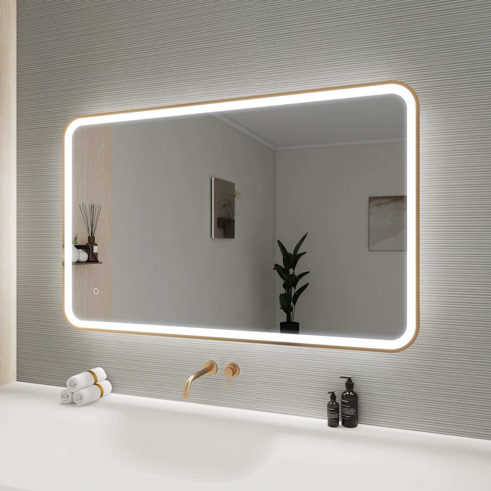 48 Inch Rectangle LED Front and Backlit Wall Mirror in Satin Gold. Picture 5