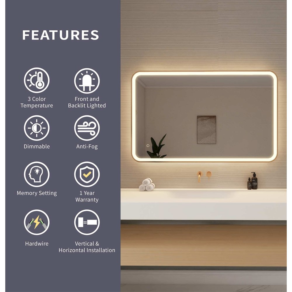 48 Inch Rectangle LED Front and Backlit Wall Mirror in Satin Gold. Picture 9