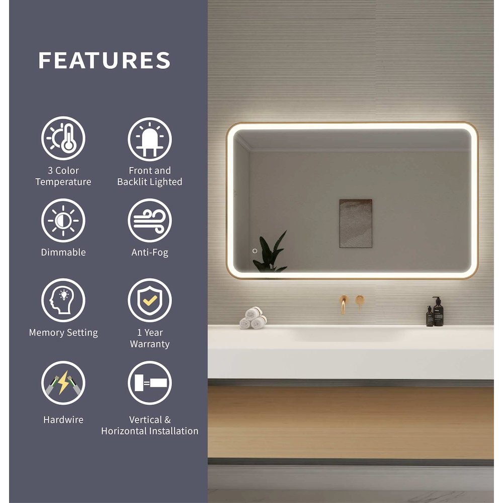 48 Inch Rectangle LED Front and Backlit Wall Mirror in Satin Gold. Picture 10