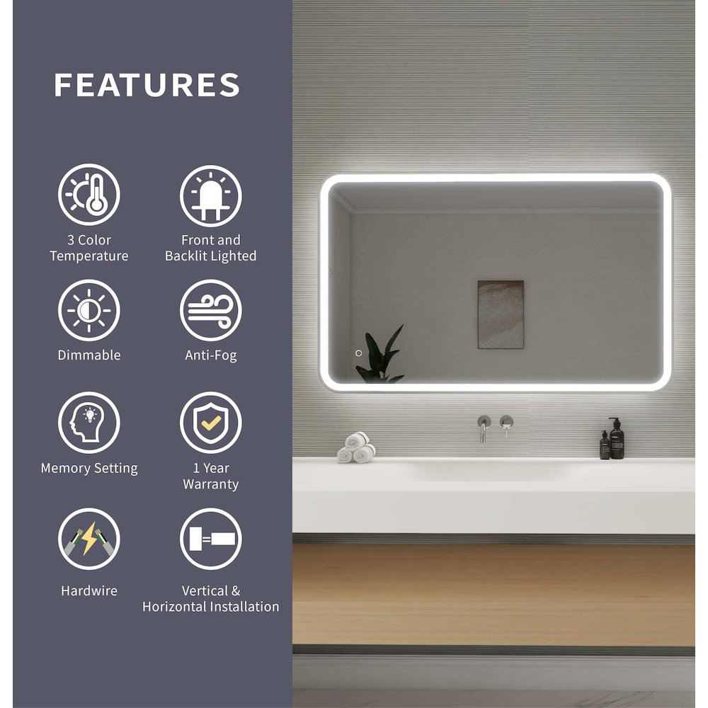 48 Inch Rectangle LED Front and Backlit Wall Mirror in Silver. Picture 11