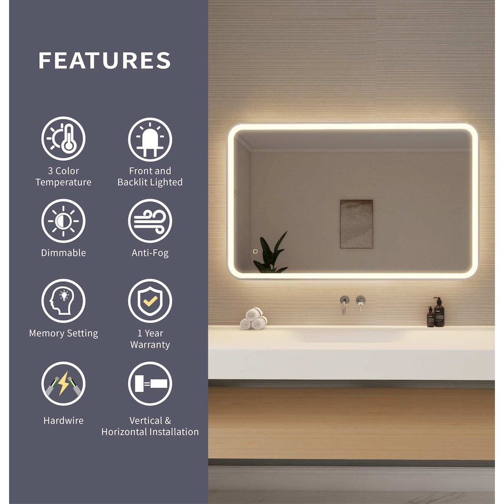 48 Inch Rectangle LED Front and Backlit Wall Mirror in Silver. Picture 9