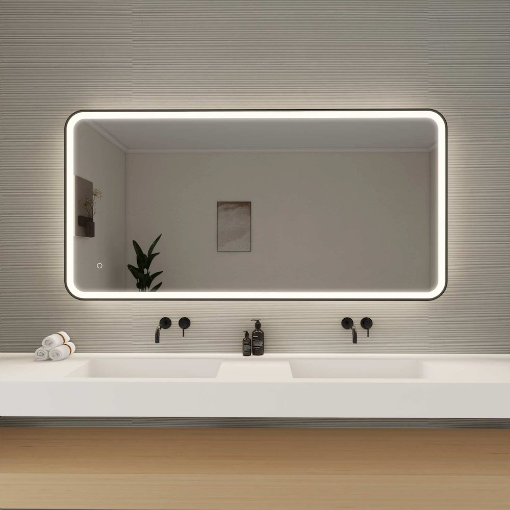 60 Inch Rectangle LED Front and Backlit Wall Mirror in Black. Picture 2