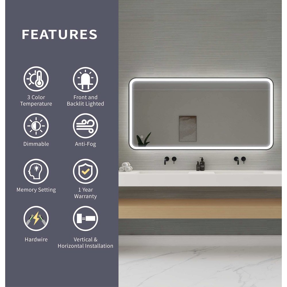 60 Inch Rectangle LED Front and Backlit Wall Mirror in Black. Picture 11