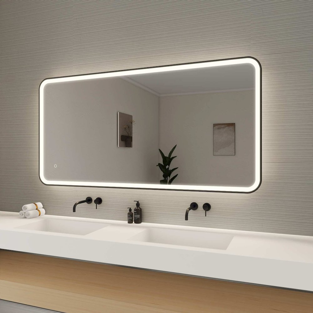 60 Inch Rectangle LED Front and Backlit Wall Mirror in Black. Picture 3