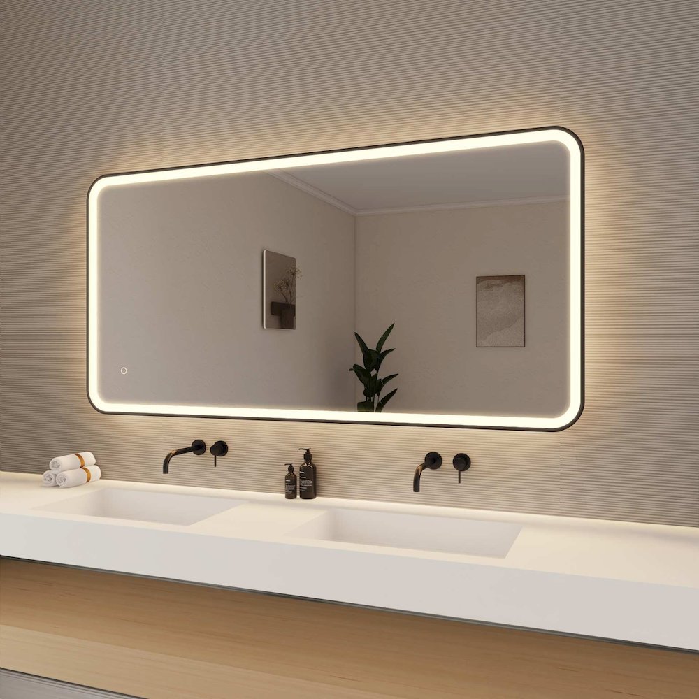 60 Inch Rectangle LED Front and Backlit Wall Mirror in Black. Picture 4