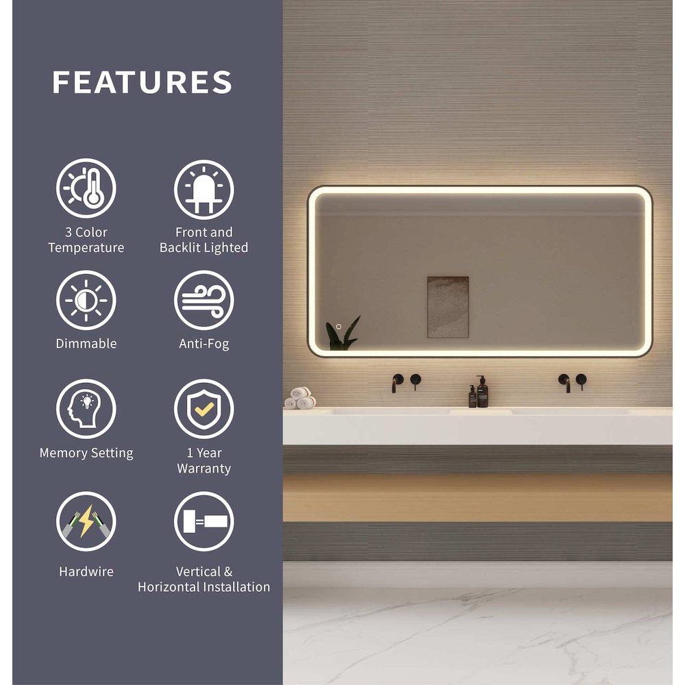 60 Inch Rectangle LED Front and Backlit Wall Mirror in Black. Picture 9