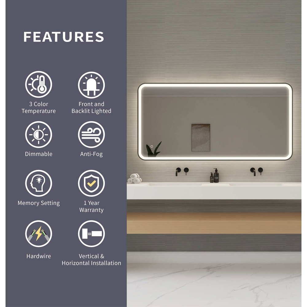 60 Inch Rectangle LED Front and Backlit Wall Mirror in Black. Picture 10